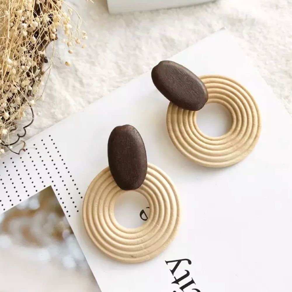 Rattan Straw and Wood Drop Earrings